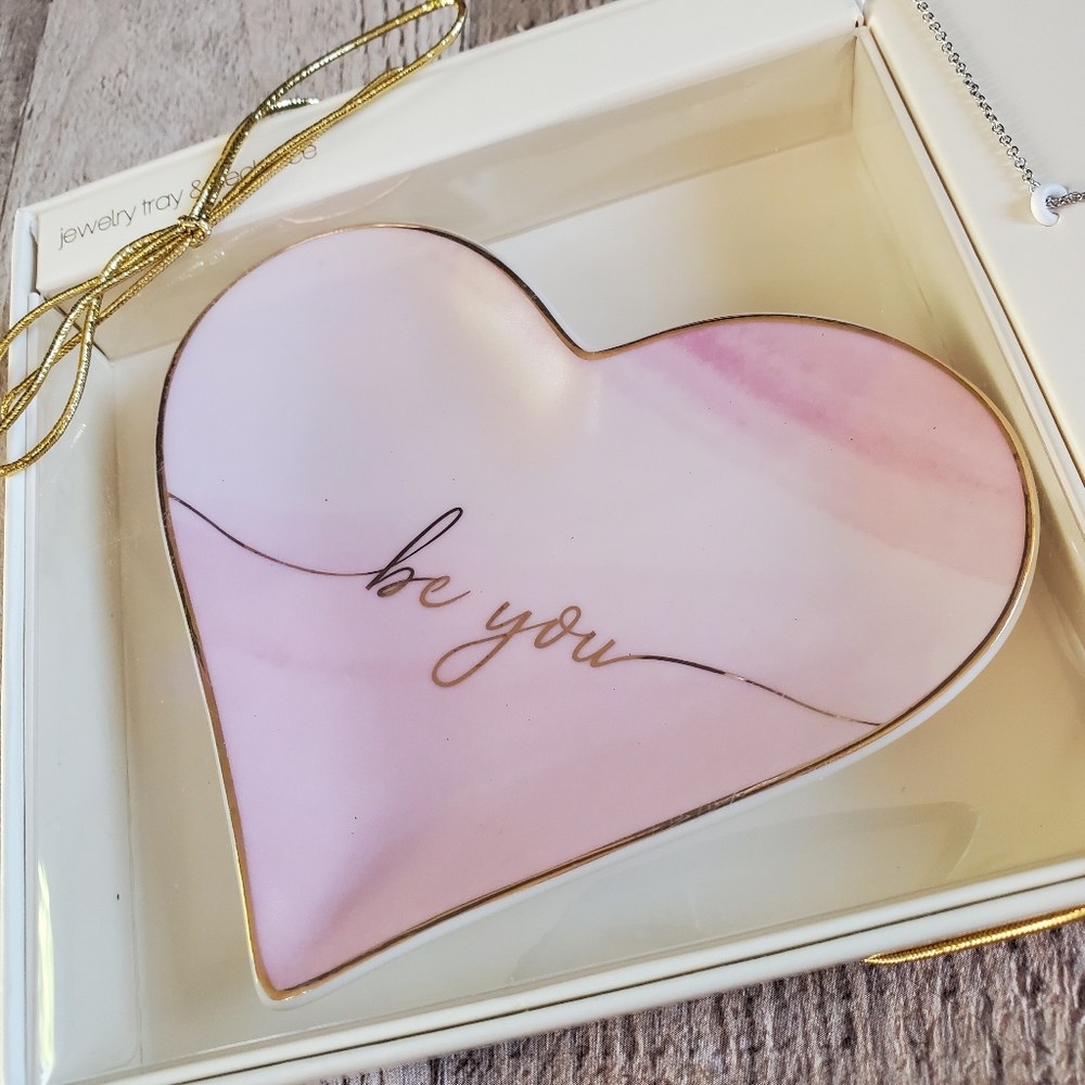"Be You" 2pc Charm Necklace Heart & Trinket Tray Set - Picture 2 of 5